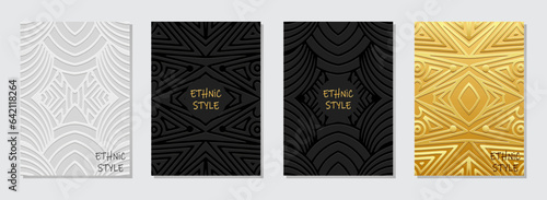 Cover set, vertical templates. Collection of embossed geometric backgrounds with ethnic 3d lines pattern, golden texture. Boho, minimalist designs of East, Asia, India, Africa, Mexico, Aztec, Peru. 