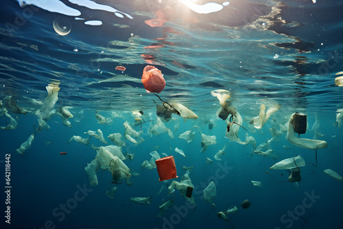 Plastic rubbish pollution in ocean environment, underwater view