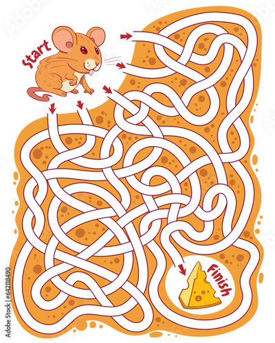 Help the mouse through the maze and find his way to the cheese. Children logic game. Educational game for kids. Attention task. Choose right path. Funny cartoon character. Isolated on white background