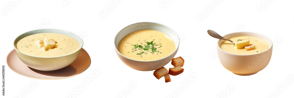 White plate with cheese soup against a transparent background White plate with cheese soup against a transparent background