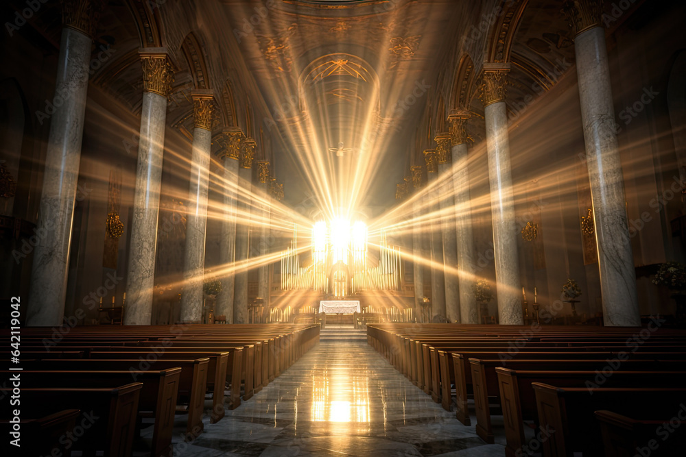 Light in church, symbolizing divine presence, truth, spiritual illumination, God love and grace. Sun rays radiant patterns inside church. Light beams blessing house of the Lord with heavenly light - obrazy, fototapety, plakaty 