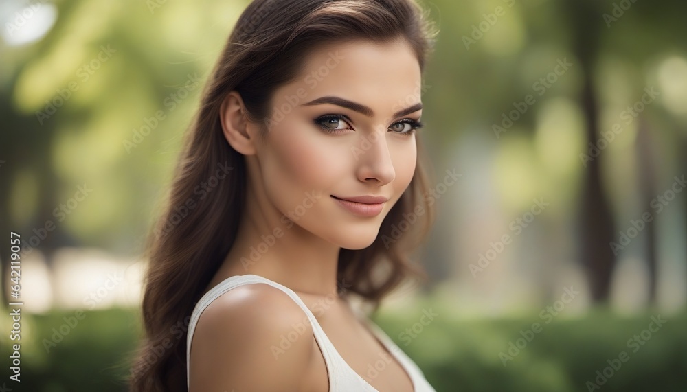 Foto de una modelo en un parque. Mujer, ojos verdes y pelo castaño. Foto de una modelo en un parque. Mujer, ojos verdes y pelo castaño.
