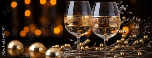 Elegant Wine Flutes with Gold Decorations. Soft and Moody Vignette Style. photo