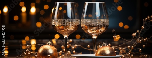 Sparkling Wine Flutes with Gold Accents. Dark and Moody Vignette.