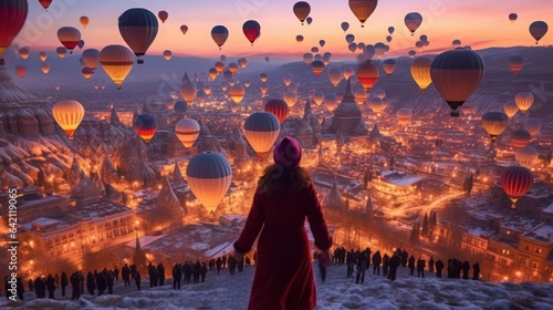 Fototapeta Naklejka Na Ścianę i Meble -  Back view of woman at hot air balloons