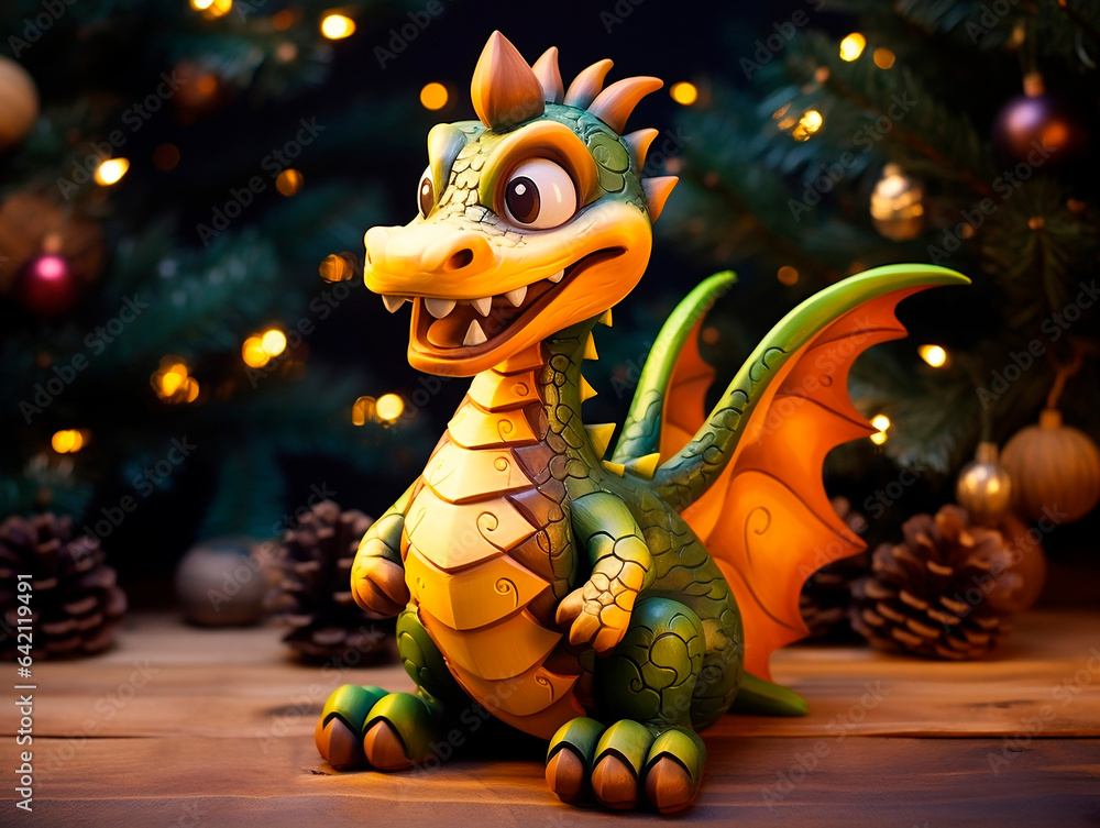 Fototapeta premium Funny toy dragon on the background of a Christmas tree and lights