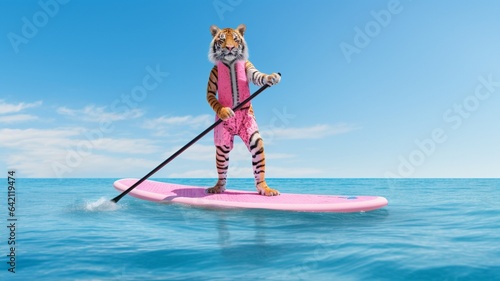 A tiger dreed in pink swimming suit on a pink stand up paddle board in the sea. Surreal sport and leisure concept. Generative AI