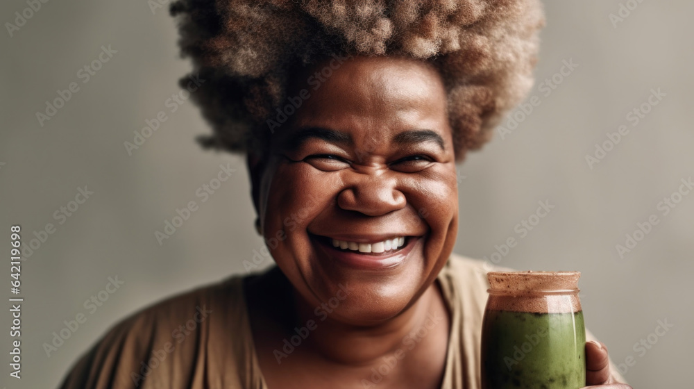 A happy afro woman holds a glass of green smoothie. Generative AI A happy afro woman holds a glass of green smoothie. Generative AI