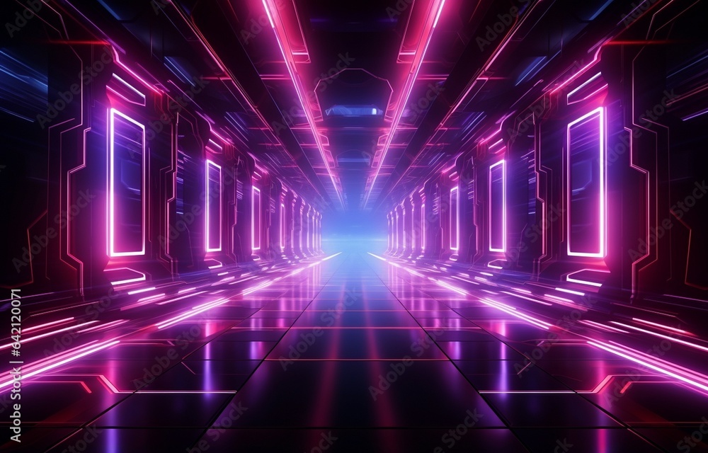 Abstract futuristic technological background with network, huge data, server, internet, and speed lines. into a tunnel of modern technology, abstract neon lights. Generative AI