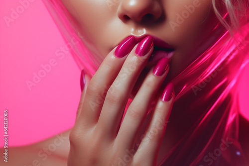 woman with beautiful hand with pink nails   with pink background