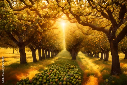 Produce a captivating image showcasing a bountiful orchard filled with luscious, ripe fruit trees under the warm, golden rays of the sun, evoking the essence of a fruitful harvest.