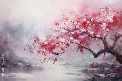A painting of a cherry blossom tree with snow on the branches