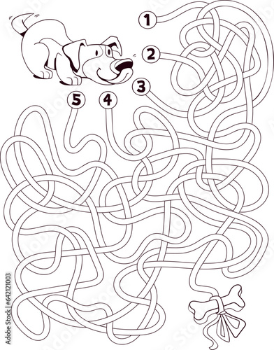 Help the dog through the maze. Children logic game to pass maze. Educational game for kids. Attention task. Choose right path. Funny cartoon character. Coloring book. Vector illustration