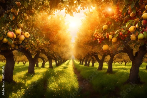 Produce a captivating image showcasing a bountiful orchard filled with luscious, ripe fruit trees under the warm, golden rays of the sun, evoking the essence of a fruitful harvest. photo