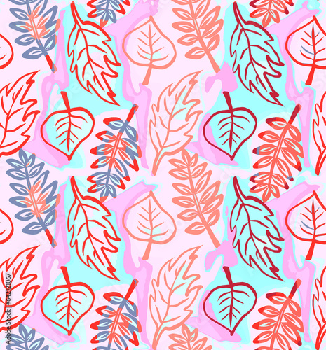 Hand Drawn Leaves, Pastel, Pink 'Blue, Red, Seamless Repeating Pattern Tile