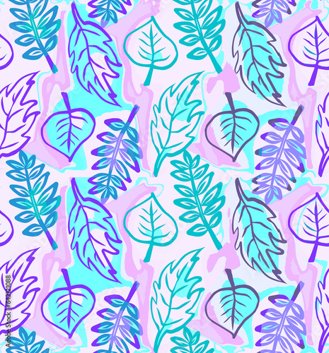 Hand Drawn Leaves, Cool Blues, purple, and mint, Seamless Repeating Pattern Tile