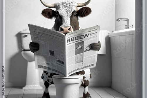Fotografie cow on Toilet Reading Newspaper, generative Ai