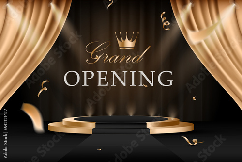 Grand opening with luxurious golden color curtain and honorable podium