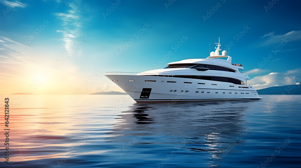 Luxury super yacht sailing in beautiful sea, during sunset