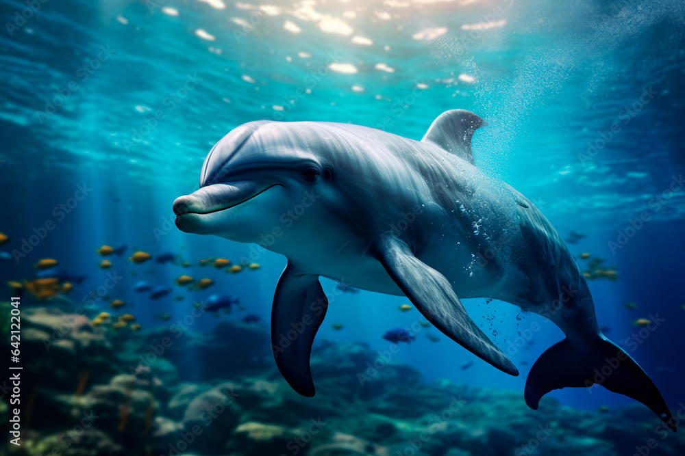 A dolphin swims in the sea. Portrait of an animal in its environment