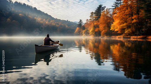 Person rowing on a calm lake in autumn, small boat with serene water around