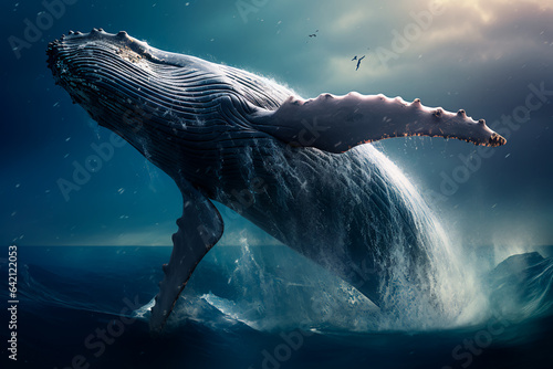 A big whale jumps out of the water. Portrait of an animal in its environment
