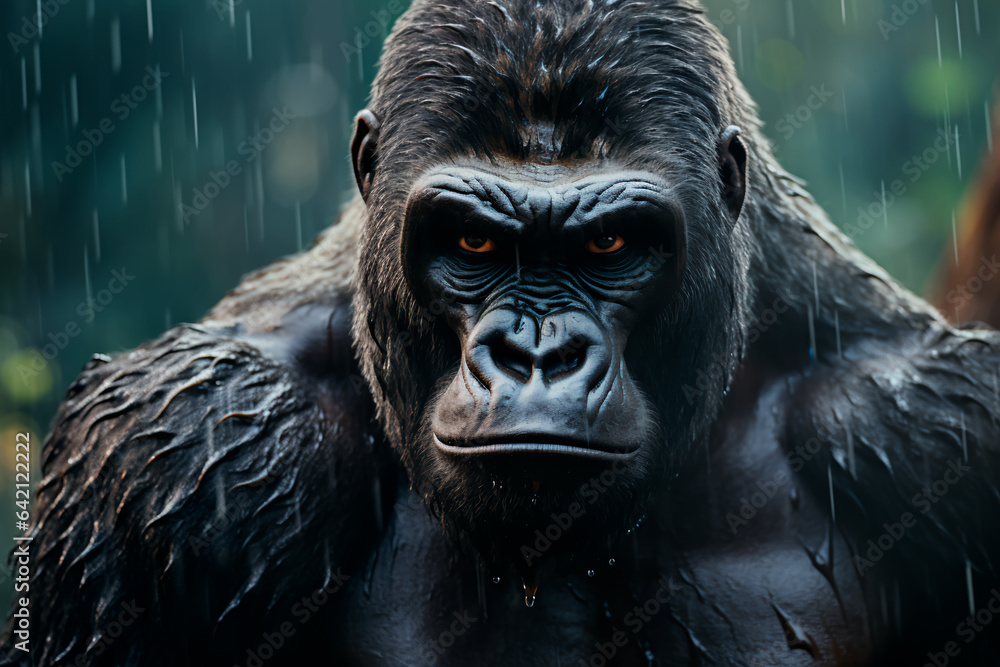 Obraz premium Gorilla in the forest. Portrait of an animal in its environment