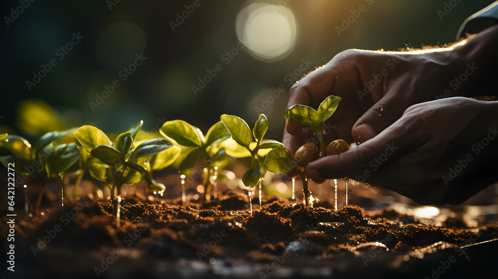Fototapeta premium Hand growing seeds of vegetable on sowing soil at garden metaphor gardening, agriculture concept