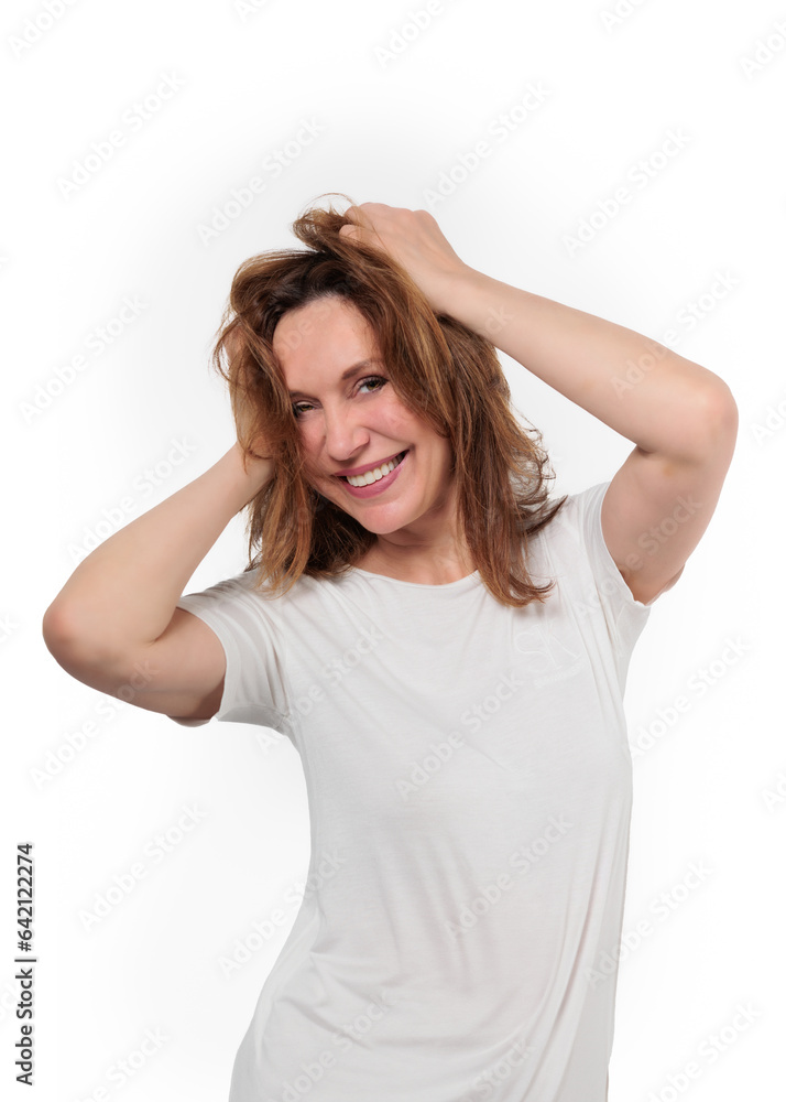 Happy mature woman laughing standing isolated on white background. Smiling confident cheerful middle aged 50s lady with dental white smile looking at camera, copy space. Happy mature woman laughing standing isolated on white background. Smiling confident cheerful middle aged 50s lady with dental white smile looking at camera, copy space.