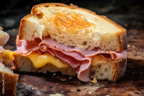 Sliced rye toast. Cheese and ham on bread. Homemade, delicious sandwich.