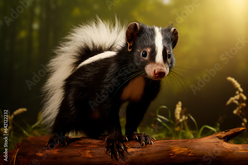Skunk in the forest. Portrait of an animal in its environment