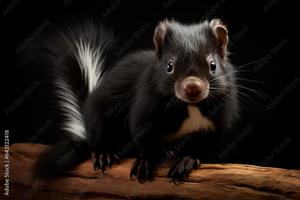 Skunk in the forest. Animal in the natural environment. Portrait of a beautiful skunk.
