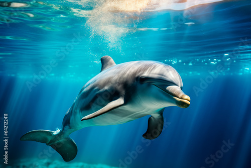 A dolphin swims in the sea. A dolphin in its natural environment