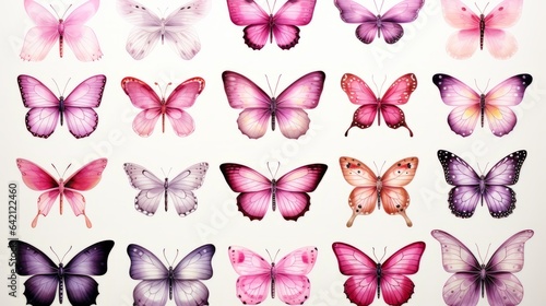 DIFFERENT SPECIES OF BUTTERFLIES ON WHITE BACKGROUND. COLLECTION OF ELEGANT EXOTIC BUTTERFLIES.