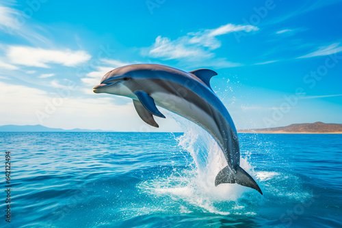A dolphin jumps out of the water. A dolphin swims in the sea