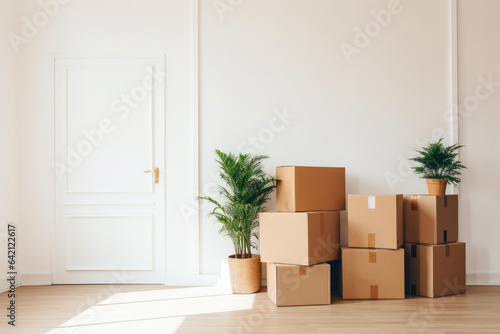 Moving Carton Boxes and Plants in an Empty Room With White Walls and a Door in the Left © Nikki AI