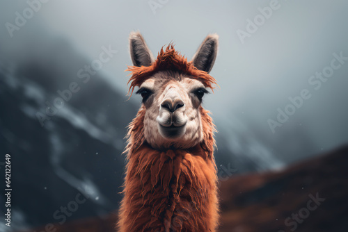 Cute llama in the mountains. Alpaca in the valley on the background of the mountains.
