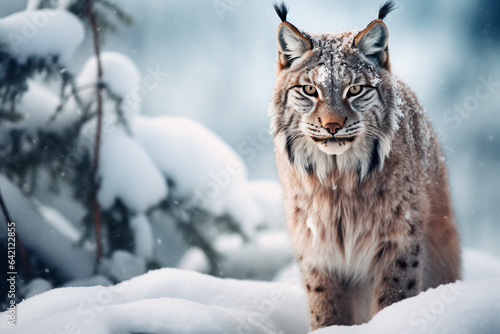 Lynx in the forest. Animal in the natural environment. Portrait of a beautiful lynx.