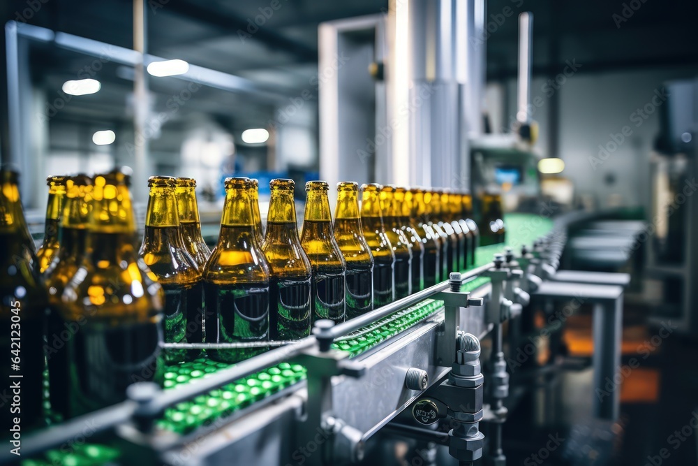 Glass brown bottles of beer on conveyor belt with light, concept brewery plant production line, beer bottling factory. Glass brown bottles of beer on conveyor belt with light, concept brewery plant production line, beer bottling factory.