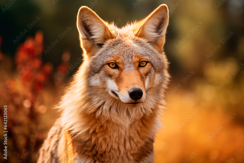 Coyote in the savannah. Animal in the natural environment. Portrait of a beautiful coyote.