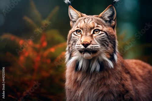 Lynx in the forest. Animal in the natural environment. Portrait of a beautiful lynx.