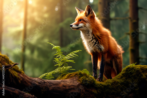 Beautiful fox in the forest. Animal in the natural environment. Portrait of a fox photo