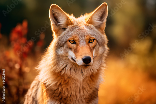 Coyote in the savannah. Animal in the natural environment. Portrait of a beautiful coyote. © Uliana