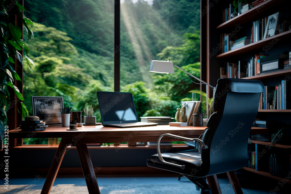 A very cozy home office with a desk and bookshelves, green plants. Harmony in work