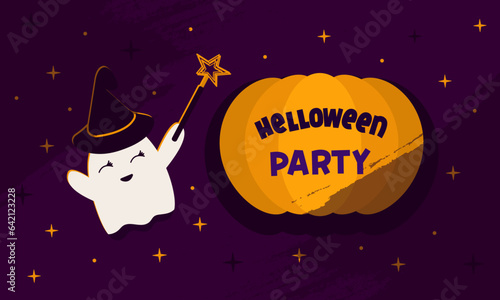 A ghost with a witch's hat and a magic wand conjures a pumpkin. Helloween party. Invitation with character. Vector. Template, 