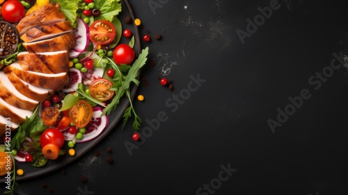 of Grilled chicken fillet and fresh vegetable salad with copy space