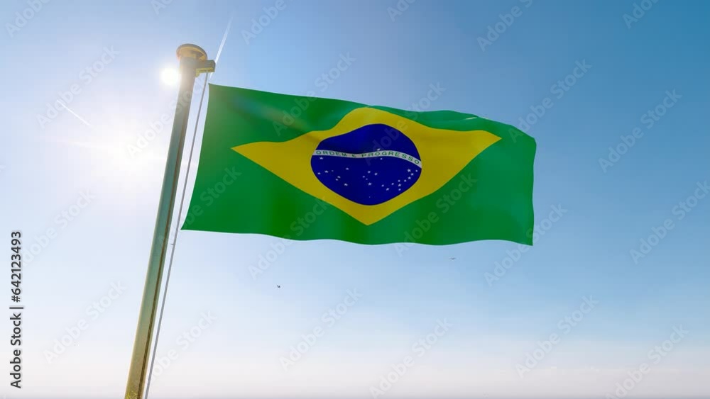 Flag of Brazil waving in the wind, sky and sun background. Brazil Flag ...