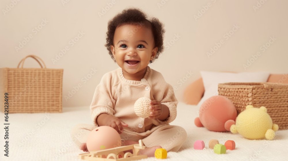 Cute baby with lots of colorful toys. Generative AI Cute baby with lots of colorful toys. Generative AI