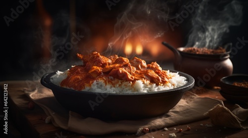butter chicken with rice, food photography, depth of field, bokeh, smoke, super resolution,, 16:9 format, copy space, 