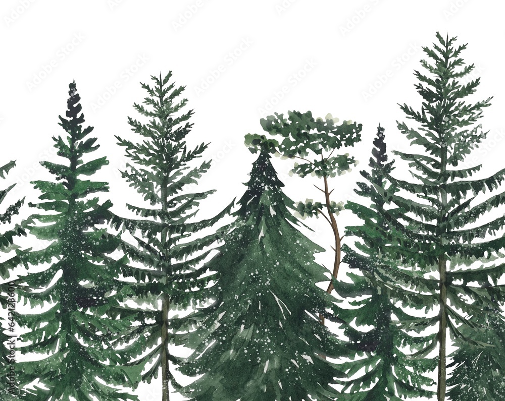 Watercolor seamless border with trees, pine, fir. Trees seamless background.